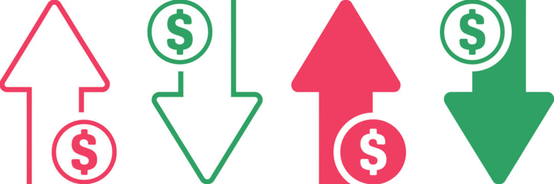 Cost reduction icon featuring price decrease arrow, profit and loss symbols, dollar sign, and downward trend indicators for financial savings and expense management concepts, vector, designs