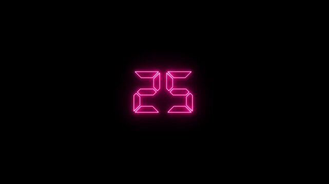 Neon pink digital countdown timer on black background, 24 to 0 seconds motion