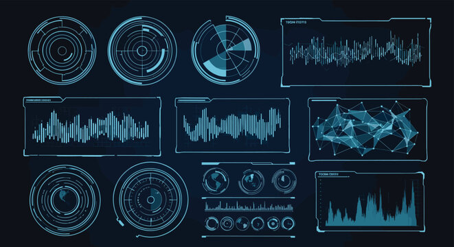 Digital head up display interface featuring complex charts, radar scanners, world maps, and data visualizations in a glowing blue color.