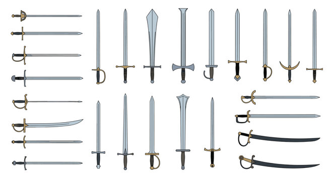 Comprehensive collection of diverse historical swords and sabers with different hilt designs and blade shapes for collectors or history.