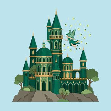 An illustration of a green fantasy castle with a flying fairy