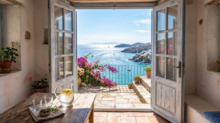 Fototapeta premium Sunlit rustic terrace with open doors framing turquoise sea and coastal village, table with pitcher and glasses, potted plants on Mediterranean balcony overlooking island coast, peaceful summer mood.