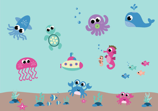 Under the seas animals cute cartoon vector set. Jellyfish, turtle, octopus, crab, starfish, seahorse, whale, and submarine.