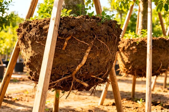 Exposed Tree Roots in Nursery with Wooden Supports