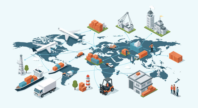 Detailed isometric world map showing global logistics shipping network with various transport methods, including planes, ships, and trucks.