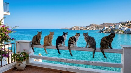 Obraz premium Group of cats sitting on wooden balcony railing overlooking turquoise seaside and coastal village, relaxed calm scene of domestic pets perched by harbor in bright sunny weather