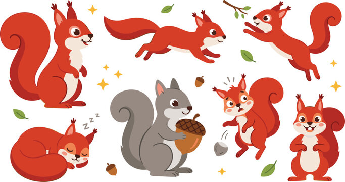 Cute Red and Grey Squirrel Character Vector Illustration Set with Playful Woodland Mascot Poses Running Jumping Sleeping and Holding Acorn Nut for Children Sticker Designs