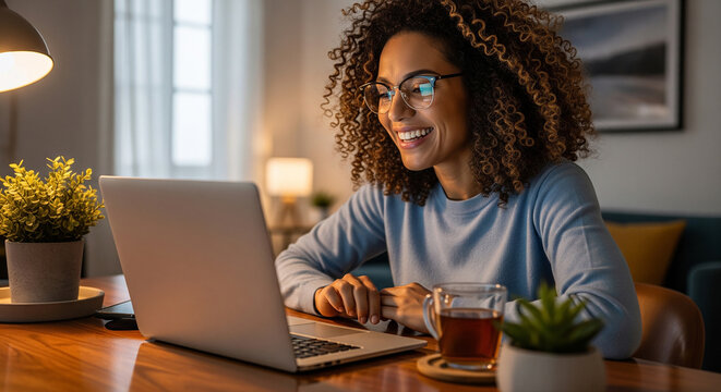 Happy businesswoman laughing while working on laptop at modern office desk perfect for corporate success concept