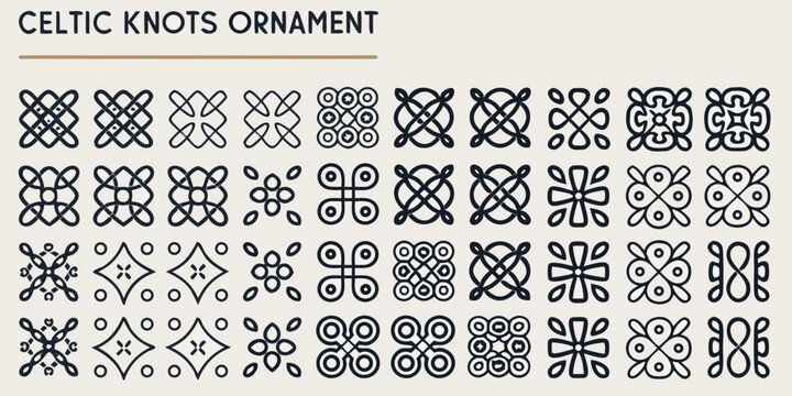 Collection of twenty four black celtic knot ornaments on a cream colored background design knotwork
