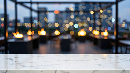 Obraz premium Polished Calacatta White Marble Countertop on Sleek Skyline Restaurant Patio with Steel Structures L