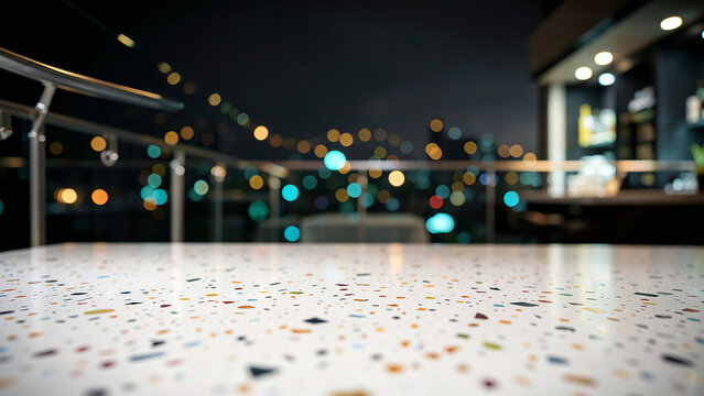 Terrazzo Tabletop With Embedded Marble Flecks on Modern Penthouse Balcony Bar with Glass Railings Lu