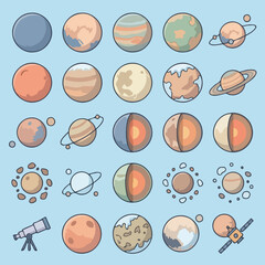 Collection of hand drawn space icons on a blue background © Fuji