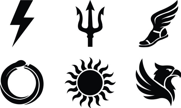Black vector icons of lightning bolt trident winged foot sun and eagle thunder storm vector illustration