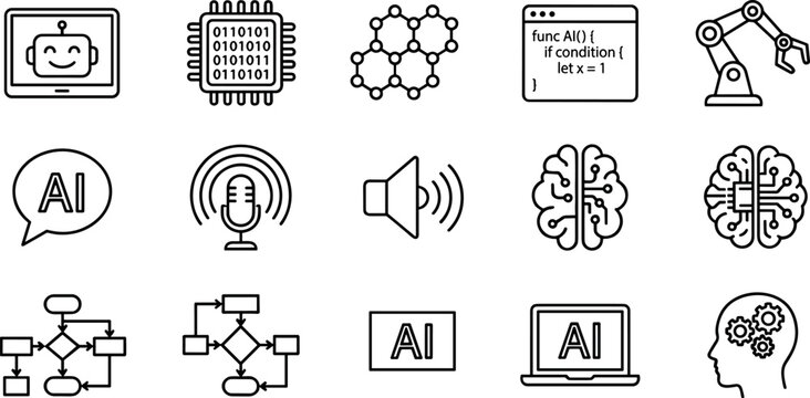 Artificial Intelligence and Machine Learning Icon Set with Technology, Robotics, Brain Network, Data, and Automation Symbols for Web and App Design