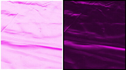 Fototapeta premium Abstract purple plastic texture background, crumpled violet cellophane film surface, creased magenta synthetic material for creative design overlays
