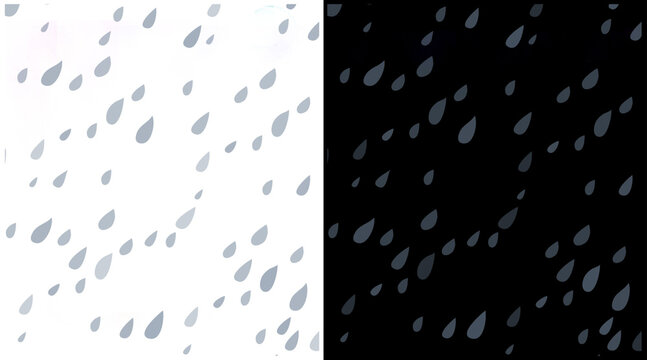 Minimalist raindrop pattern set, falling water drops on white and black backgrounds, simple rain shower texture for weather forecast design
