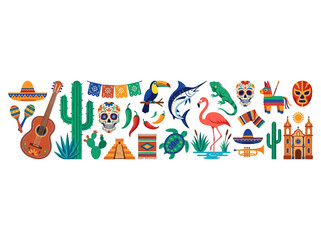 Fototapeta premium Mexican Culture and Heritage Vector Icon Set - Colorful Symbols of Mexico including Sombrero, Sugar Skull, Cactus, Pinata, and Mayan Pyramid