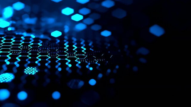 Abstract digital background with glowing blue hexagonal patterns and bokeh light effects.