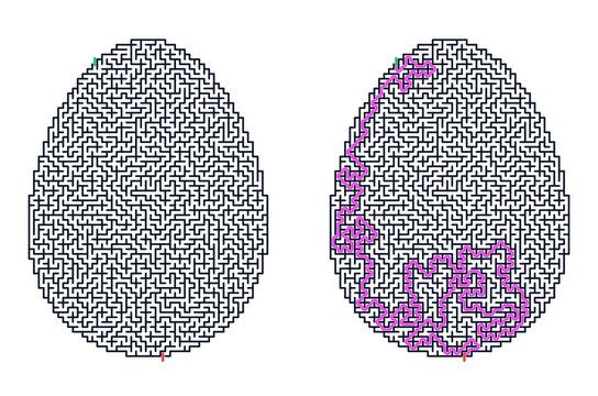 Egg-shaped maze puzzle with highlighted solution path and brain teaser For Workbook