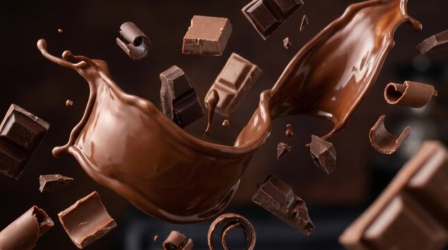 A captivating splash of rich, dark chocolate pieces and swirls in mid-air, evoking indulgence and deliciousness