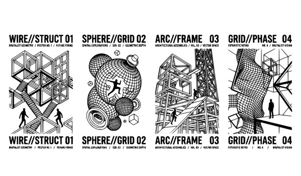 Futuristic Cyberpunk Wireframe Poster Set with Monochrome 3D Geometric Grids Architectural Structures and Sci-Fi Tech Layouts