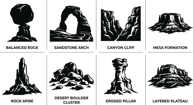 Desert Rock Formation Silhouette Set Featuring Balanced Rocks Arches Cliffs Mesas and Plateaus