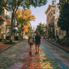 Obraz premium Couple Strolling Down a Rainbow Cobblestone Street in a Charming Historic Town