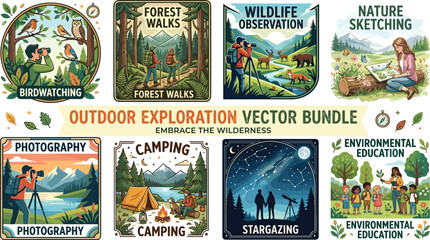 Obraz premium Outdoor Exploration Vector Bundle Featuring Birdwatching Camping Wildlife Observation Photography and Nature Education