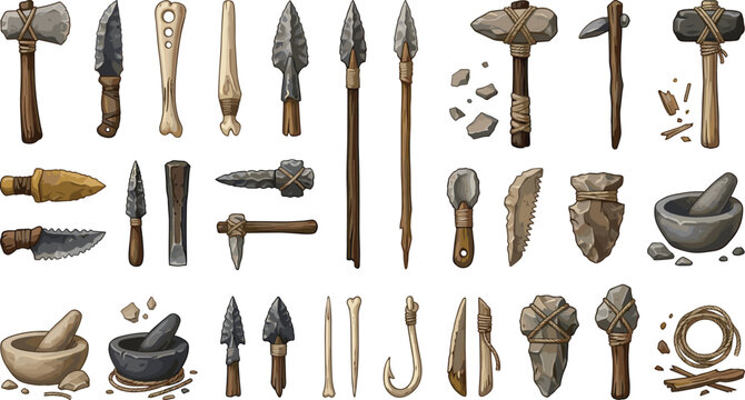 Prehistoric Stone Age Tool and Weapon Vector Set Featuring Primitive Axes, Spears, Flint Knives, Arrowheads, and Mortar Bowls for History Education