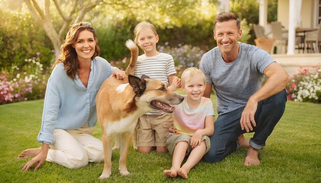 Familia con dos ni&ntilde;os y perro sentados en el jard&iacute;n de una casa en una escena c&aacute;lida de convivencia familiar