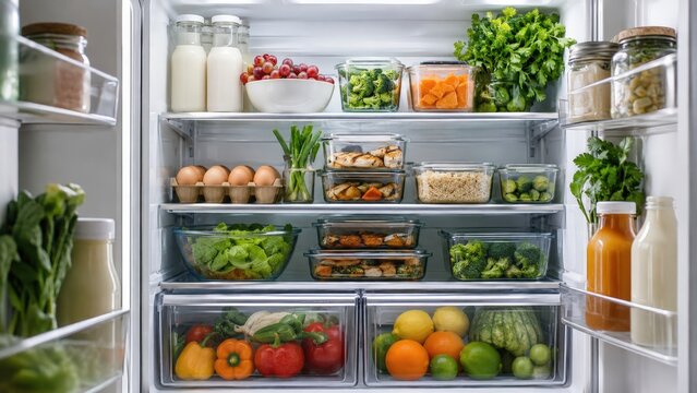 R&eacute;frig&eacute;rateur moderne bien organis&eacute; avec repas pr&eacute;par&eacute;s et produits frais