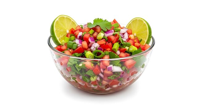 Fresh pico de gallo in a glass bowl with lime slices isolated on white background