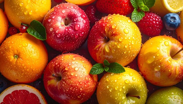 Frutas frescas, manzanas cubiertas de gotas de agua en composici&oacute;n colorida