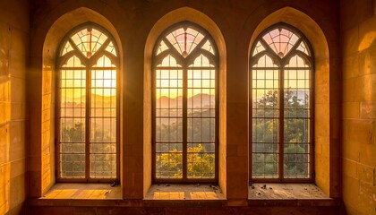 Obraz premium Golden light streams through 3 arched windows, revealing a distant landscape. Stone walls add warmth and texture
