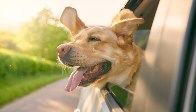 Perro feliz asomado por la ventanilla de un coche durante un viaje por carretera con luz c&aacute;lida de campo
