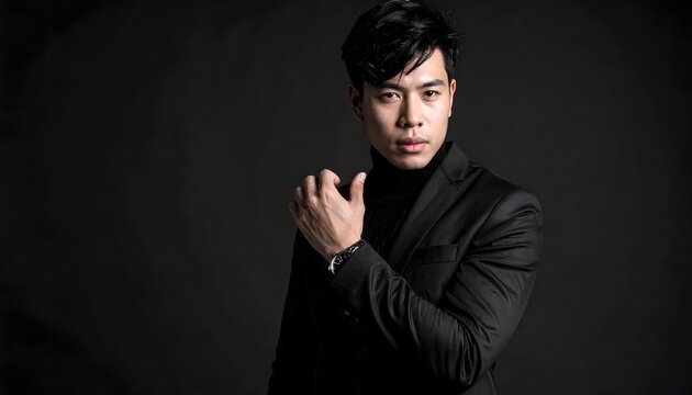 Retrato de hombre joven con traje negro posando con gesto serio sobre fondo oscuro en estudio