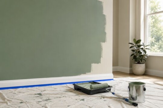 Mur en cours de peinture vert sauge dans une pi&egrave;ce lumineuse