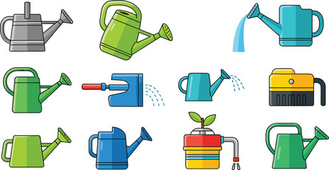 Watering Can and Garden Irrigation Equipment Vector Set Isolated on White Background © Afjal12