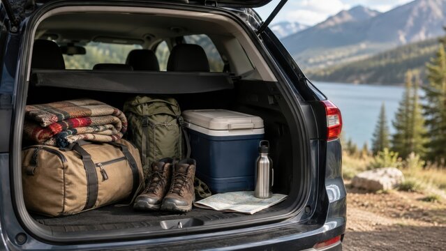 Coffre de voiture pr&eacute;par&eacute; pour aventure pr&egrave;s d&rsquo;un lac de montagne