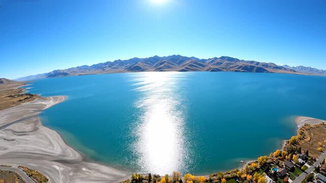Breathtaking Drone Flight over Turquoise Alpine Lake with Vibrant Autumn Trees and Mountain Backdrop perfect for travel vlogs and cinematic nature content.
