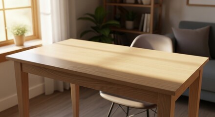 Fototapeta premium A wooden table with a light brown finish, a white chair, and a potted plant in the background.