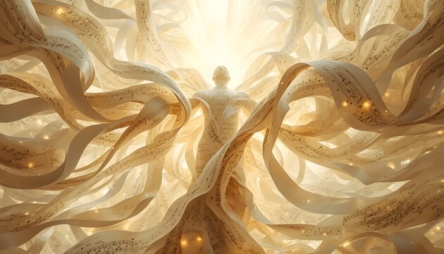 Human Figure Formed From Choir Sheets And Radiant Worship Light