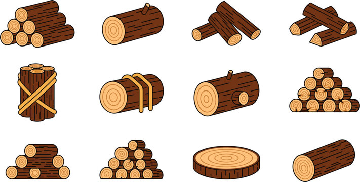 Wood Log and Timber Stack Collection Vector Set Isolated on White Background