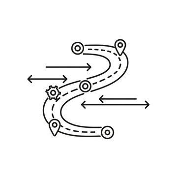A winding road map illustration with multiple arrows and location markers.