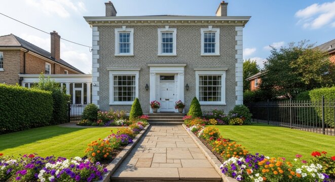 A traditional English house with a stone facade, white trim, and a front lawn adorned with colorful flowers.