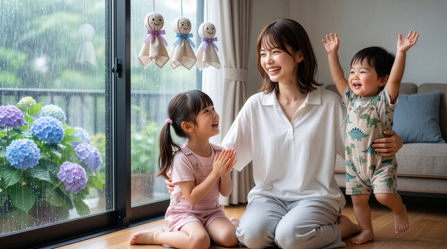 てるてる坊主を眺めて　速く晴れてほしいとはしゃぐ子供たち　見守る母親