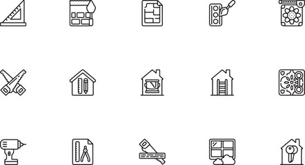 Fototapeta premium House Framing, Architectural Planning, and Leak Repair Line Icon Set Featuring Scaffolding, Blueprint Documents, Paint Palettes, and Residential Building Framework for Construction Process Concepts