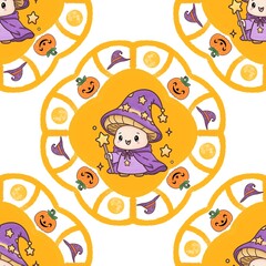 Fototapeta premium A cute seamless pattern of a mushroom wizard with a Halloween border of pumpkins, moons, and hats collections