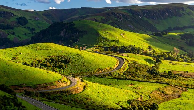 Green rolling hills form a landscape with a winding road under a blue sky with scattered clouds