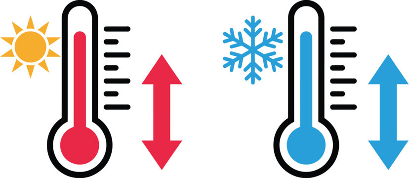 Thermometer temperature icon featuring up and down indicators for hot and cold climate control, weather systems, HVAC monitoring, and digital interface design, vector, designs